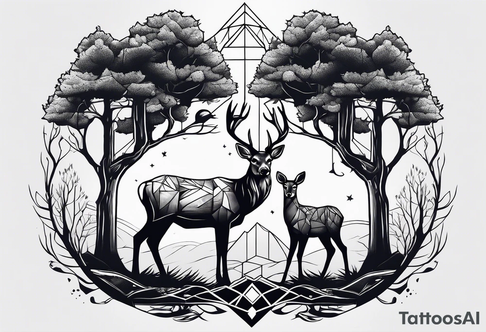 Trees with a tree stand and a deer in front tattoo idea