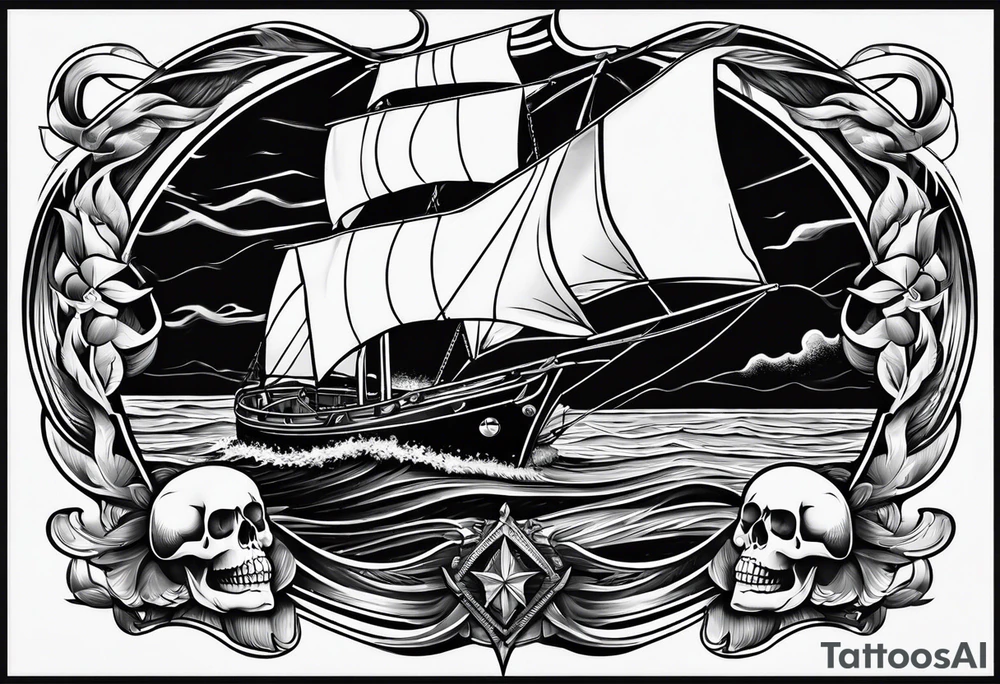 Skull in flames above a sailing boat. tattoo idea