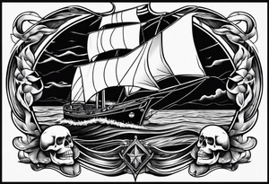 Skull in flames above a sailing boat. tattoo idea