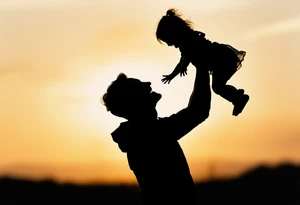 A silhouette of a father holding his baby girl in the air, both smiling, with a soft golden sun backdrop. tattoo idea