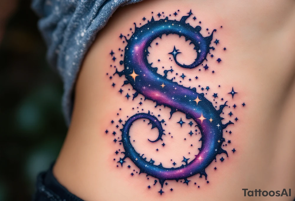 A galaxy-themed "S" with deep navy, purples, and scattered white stars. tattoo idea