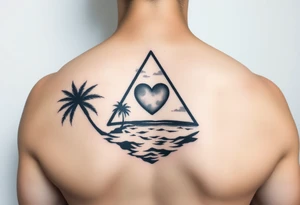 A triangle with a heart in the center and a ocean with palm trees in background tattoo idea