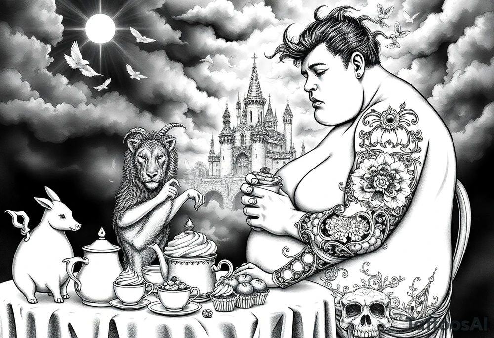 Naked Man and fat woman having sex eating cupcakes and  fruit  having sexy naked fat lady having a tea party with tea pots  with medieval castle  
with mystical  aries a pigs, peacock,  lion, goat, noose and smoking cigerettes looking in the mirror thru storm clouds and broken hearts and darkness and wrath, envy , gluttony, greed, sloth, pride . Gothic tattoo idea