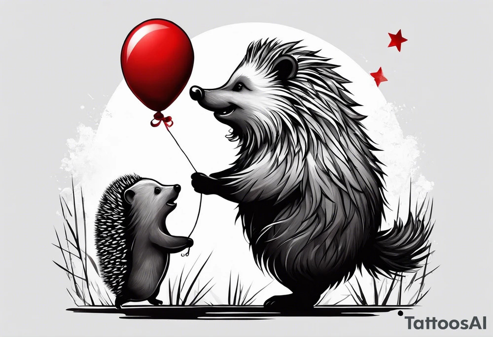 A hedgehog with a red balloon in his hands. He is happy. Behind him is a bear and growls tattoo idea