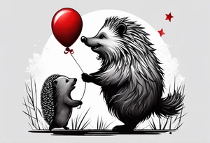A hedgehog with a red balloon in his hands. He is happy. Behind him is a bear and growls tattoo idea