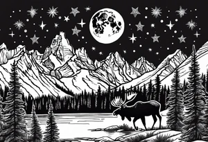 Half sleeve of Teton mountain range with moon and stars in the sky, two moose in front of Teton lake and some fir trees tattoo idea