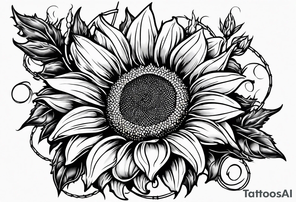 Sunflower, wheat, horseshoe, and barbed wire half sleeve tattoo idea