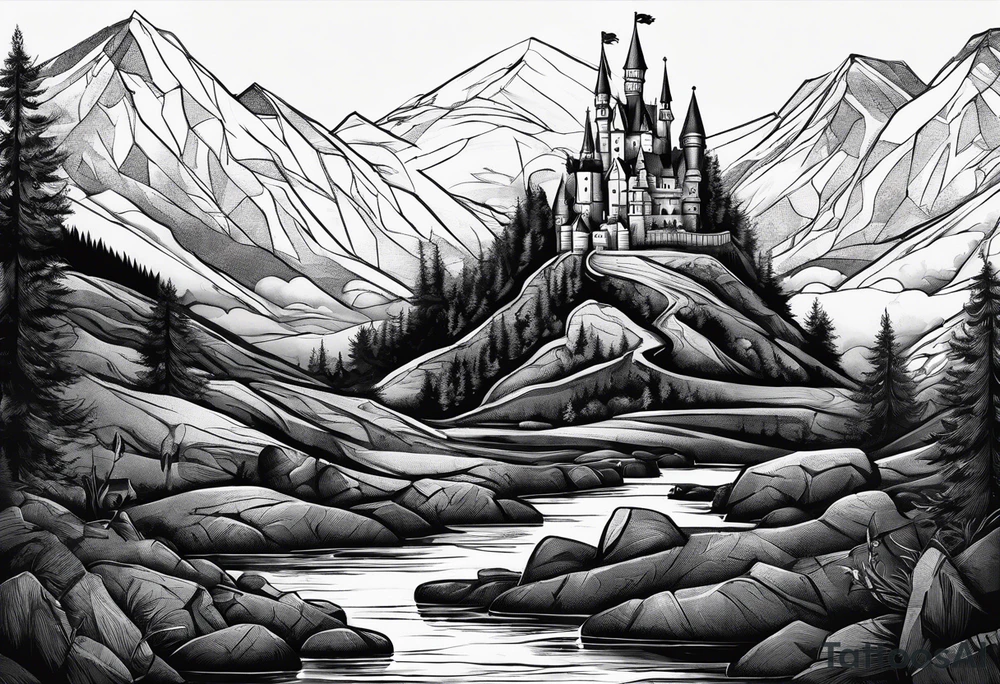 Books, chessboard with king and queen piece, background in a mountain night time landscape tattoo idea