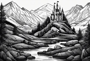 Books, chessboard with king and queen piece, background in a mountain night time landscape tattoo idea