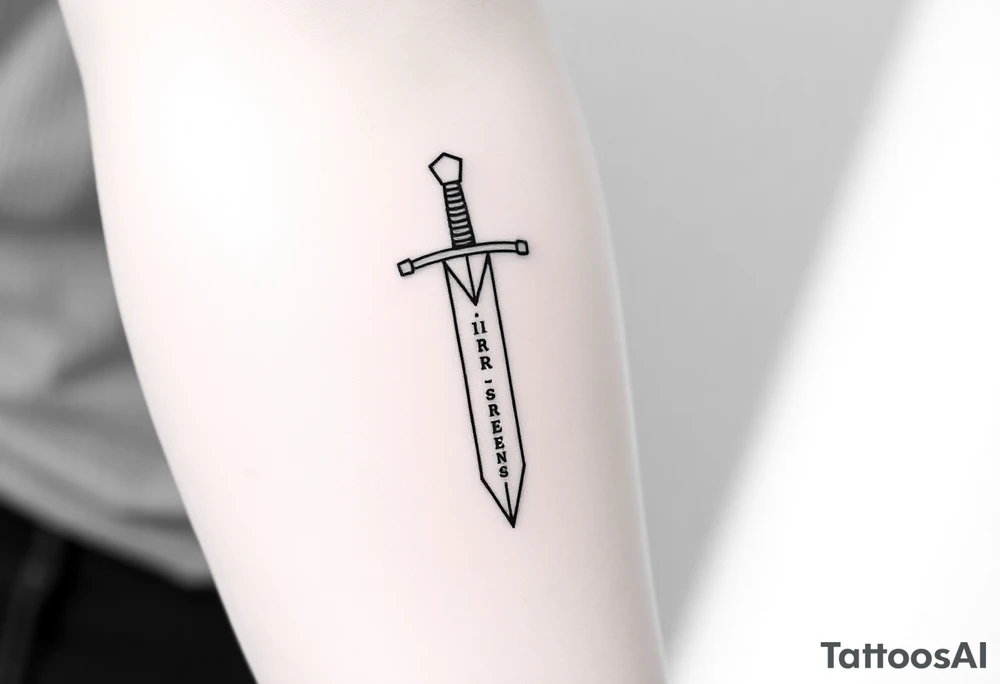 Modern tattoo sketch of a sword made with geometric lines and triangles. “Iron Sharpens Iron” written vertically down the blade. Clean black outlines, abstract forearm tattoo. tattoo idea