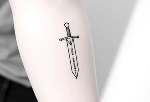 Modern tattoo sketch of a sword made with geometric lines and triangles. “Iron Sharpens Iron” written vertically down the blade. Clean black outlines, abstract forearm tattoo. tattoo idea