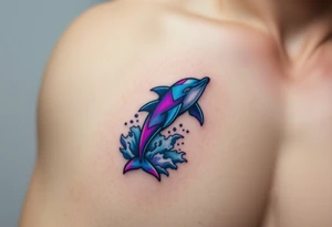 A pixelated dolphin emerging from digital waves, with cyberpunk hues of neon blue and purple tattoo idea