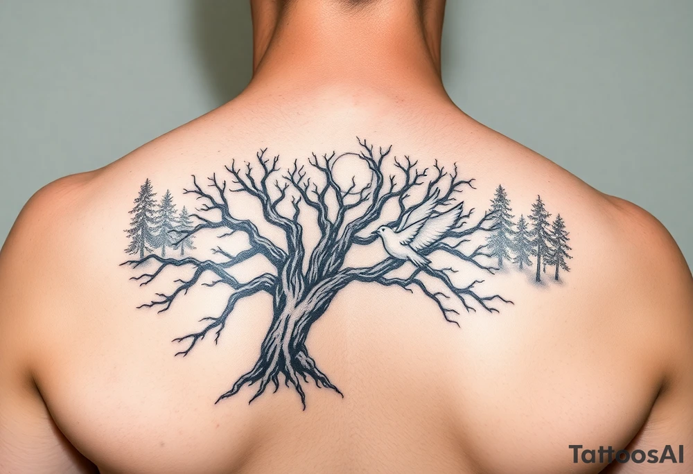 "A tattoo design featuring sun rays  clearly radiating from the top of the shoulder, with a serene forest scene in the background. Incorporate a prominent 'poison tree' design, featuring twisted and gnarled branches, symbolizing duality or mystery. Add a white dove in flight in the foreground, positioned slightly above or near the tree, symbolizing peace and hope. The overall design should have a balance of contrast and shading, blending realism with a slightly surreal artistic style." MAKE SURE THE TATOO IS ON THE SHOULDER tattoo idea