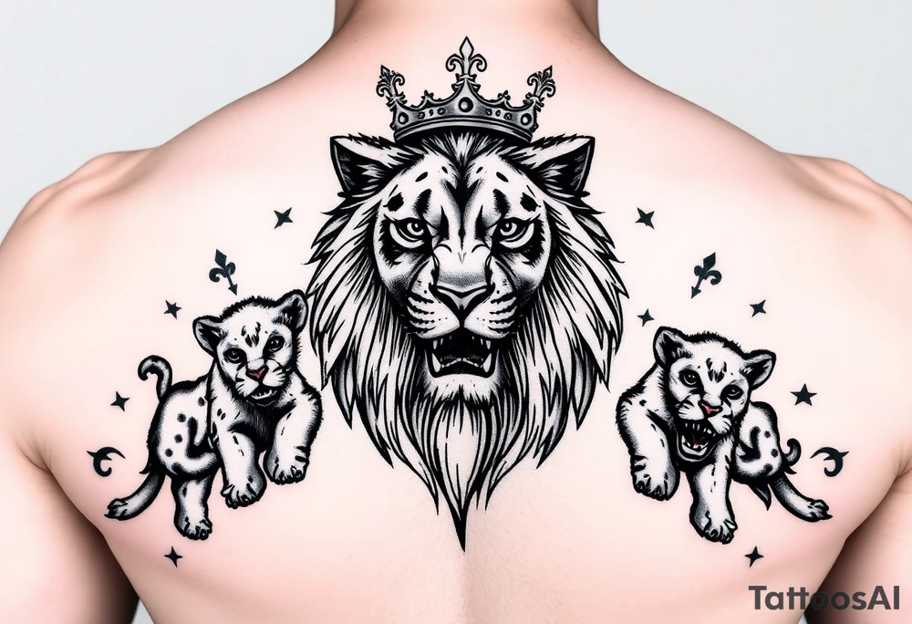 powerful majestic lioness with a crown, surrounded by cub prints tattoo idea