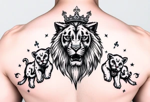 powerful majestic lioness with a crown, surrounded by cub prints tattoo idea