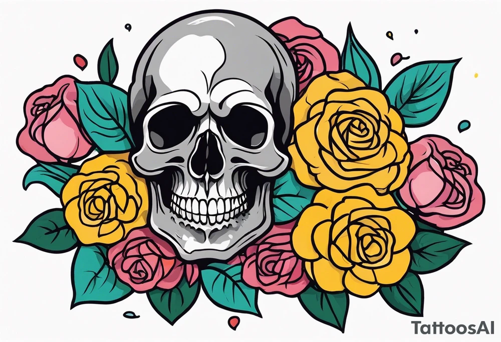 Gray skull smiling on bed of colorful roses tattoo idea