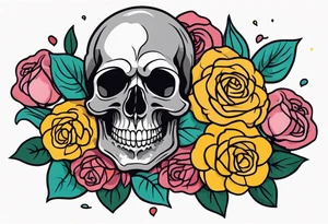 Gray skull smiling on bed of colorful roses tattoo idea