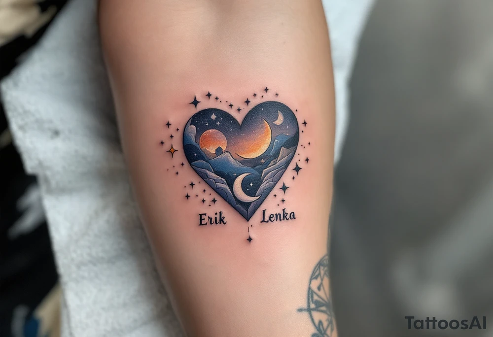 A heart surrounded by celestial bodies, with stars, a crescent moon, and the name "Erik Lenka" written in an elegant, silver font, surrounded by soft shades of midnight blue. tattoo idea