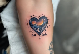 A heart surrounded by celestial bodies, with stars, a crescent moon, and the name "Erik Lenka" written in an elegant, silver font, surrounded by soft shades of midnight blue. tattoo idea