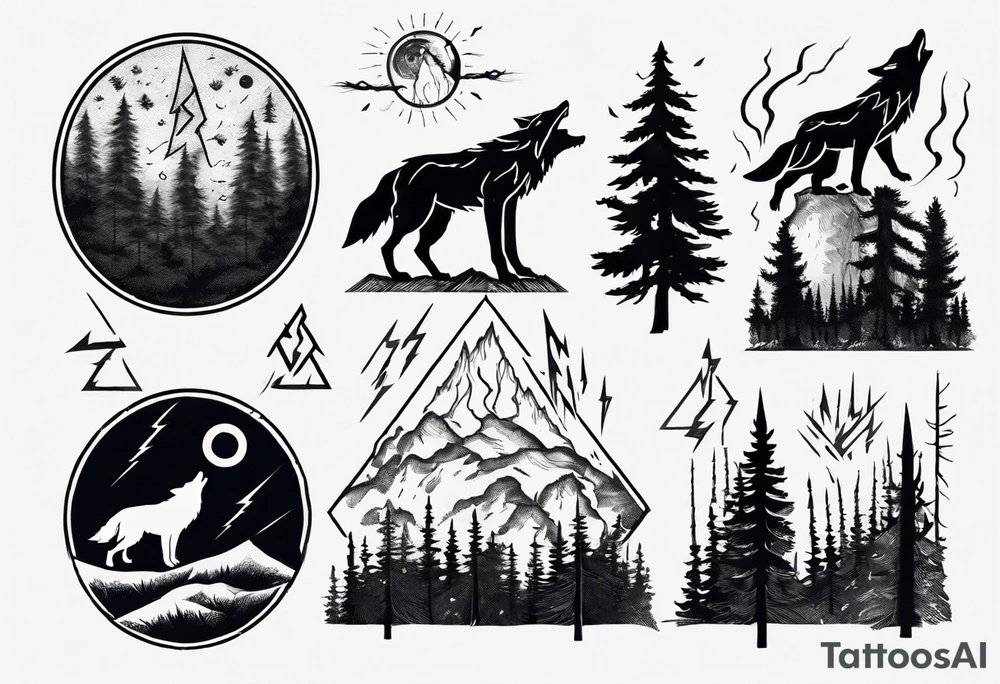 lightning over forest with wolf howling tattoo idea