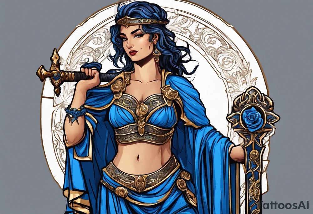 ancient rome clothes women, with Libra in one hand and a sword in the other, blue rose frames, justicia tattoo idea