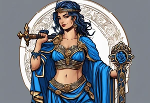 ancient rome clothes women, with Libra in one hand and a sword in the other, blue rose frames, justicia tattoo idea