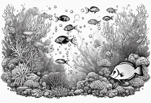 underwater coral reef with bubbles and fish tattoo idea