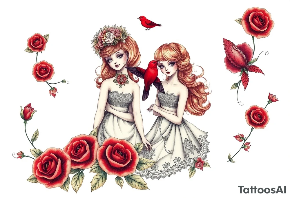 Vintage dollies, red roses, lace, red bird, vintage, wrap around, tighter together, no space open tattoo idea