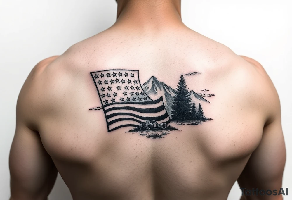 Masculin, American flag, country, mountains, wildlife, nature, racing , father of 4,
blue collar sleeve tattoo idea