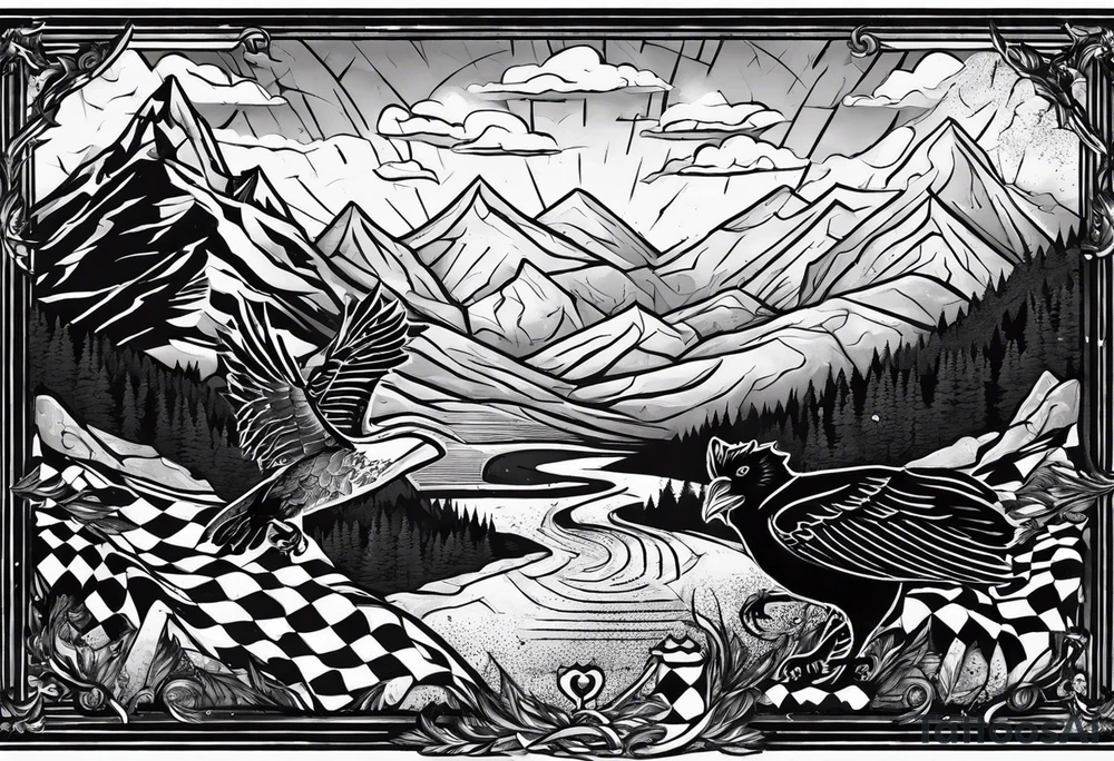 Reading books in the rain, chessboard with king and queen piece, background in a mountain and ravens tattoo idea