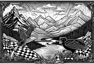 Reading books in the rain, chessboard with king and queen piece, background in a mountain and ravens tattoo idea