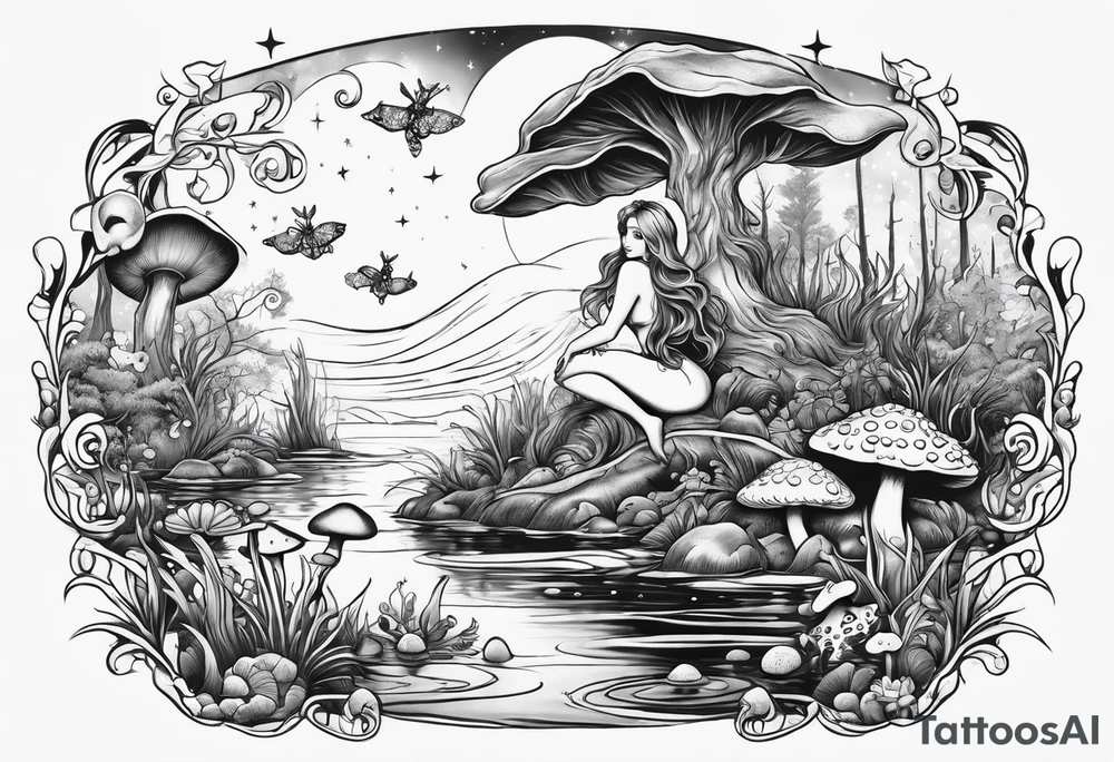 A mermaid under the stars in a swamp with cypress trees, mushrooms, frogs and bugs. tattoo idea