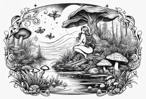 A mermaid under the stars in a swamp with cypress trees, mushrooms, frogs and bugs. tattoo idea