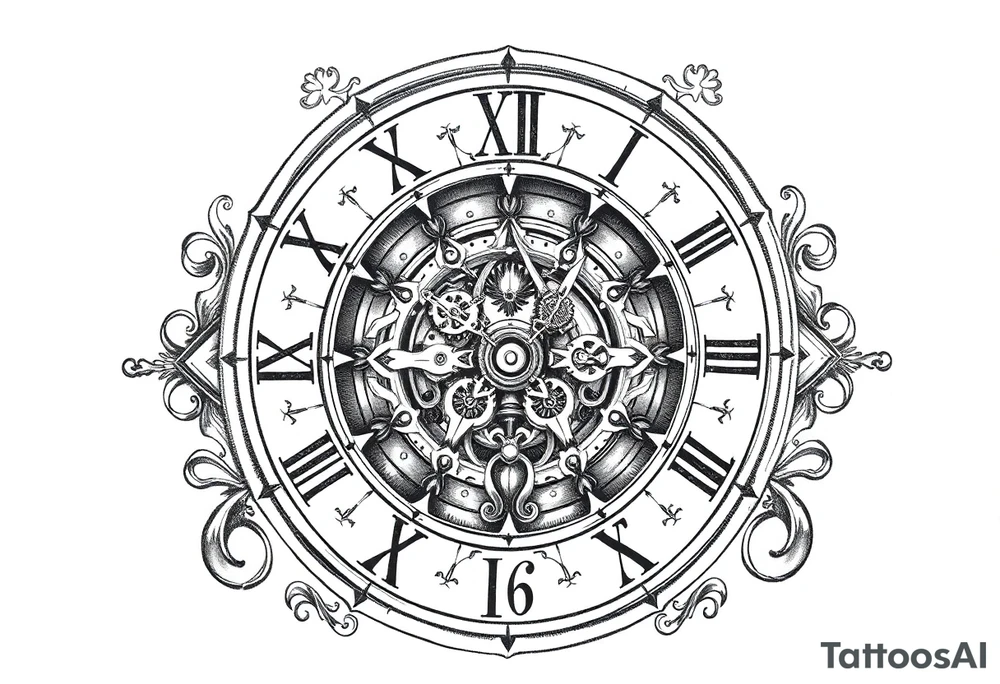 vintage roman numerals within ornate clockwork mechanism tattoo idea