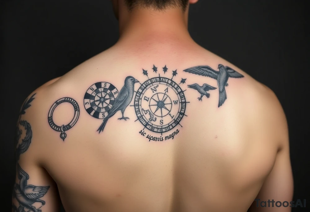 Uncharted 4 sleeve from upper elbow to shoulder including the designs of the ring, decoder, birds, map, and compass with the words sic parvis magna. tattoo idea