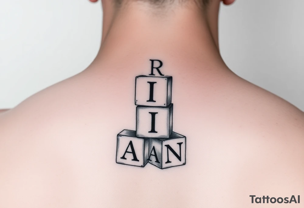 I WANT 5 TOY BABY BLOCKS STACKED ON TOP OF EACH OTHER AND I WANT EACH OF THEM TO HAVE A LETTER IN THEM. B, R, I, A, N THEY SHOULD BE STACKED ON TOP OF EACH OTHER tattoo idea
