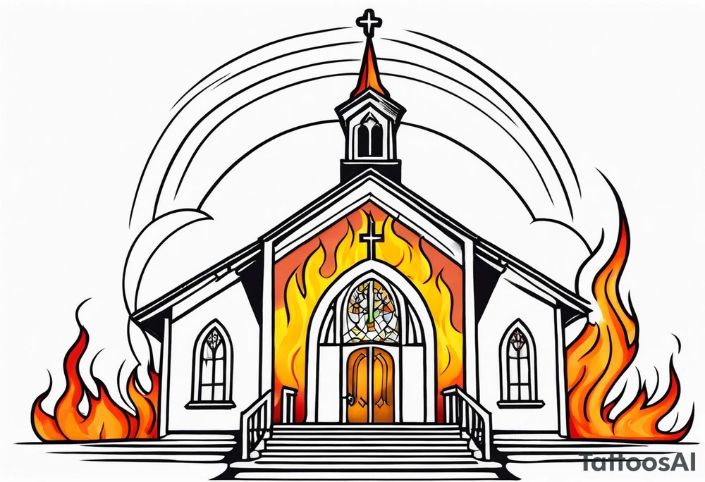 old school church with flames tattoo idea