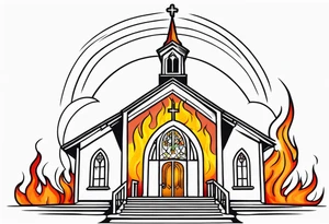 old school church with flames tattoo idea