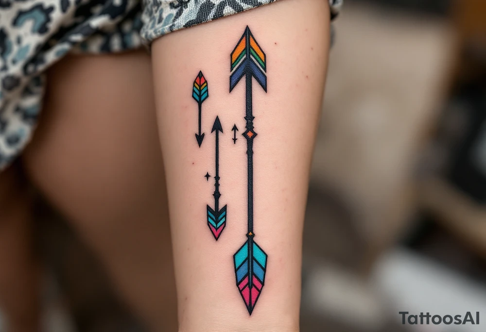 Tribal-style arrows in black with colored tips on the forearm point toward your shared journey. tattoo idea