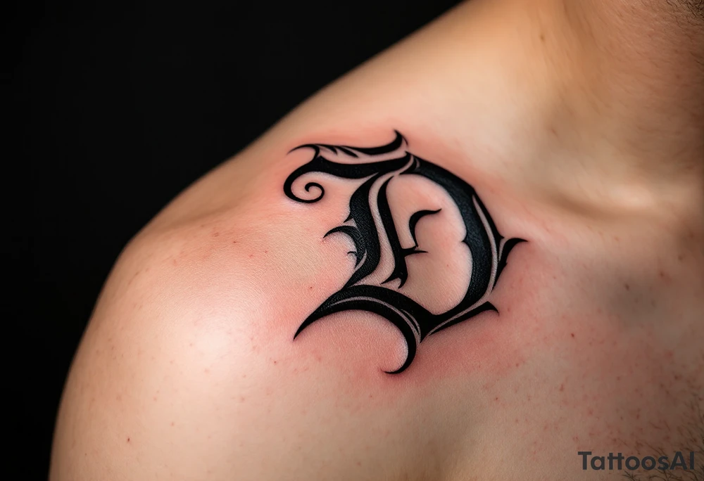 Tribal Style D – A sharp, black ink D stylized with tribal spikes and swirls, resembling Polynesian or Maori patterns. tattoo idea