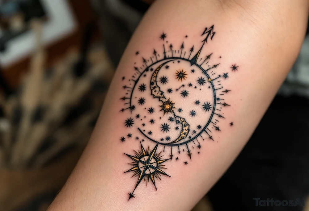 A vintage-style celestial tattoo featuring Sagittarius stars constellation, a compass, and golden sunbursts on a parchment-colored background. tattoo idea