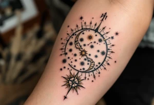 A vintage-style celestial tattoo featuring Sagittarius stars constellation, a compass, and golden sunbursts on a parchment-colored background. tattoo idea