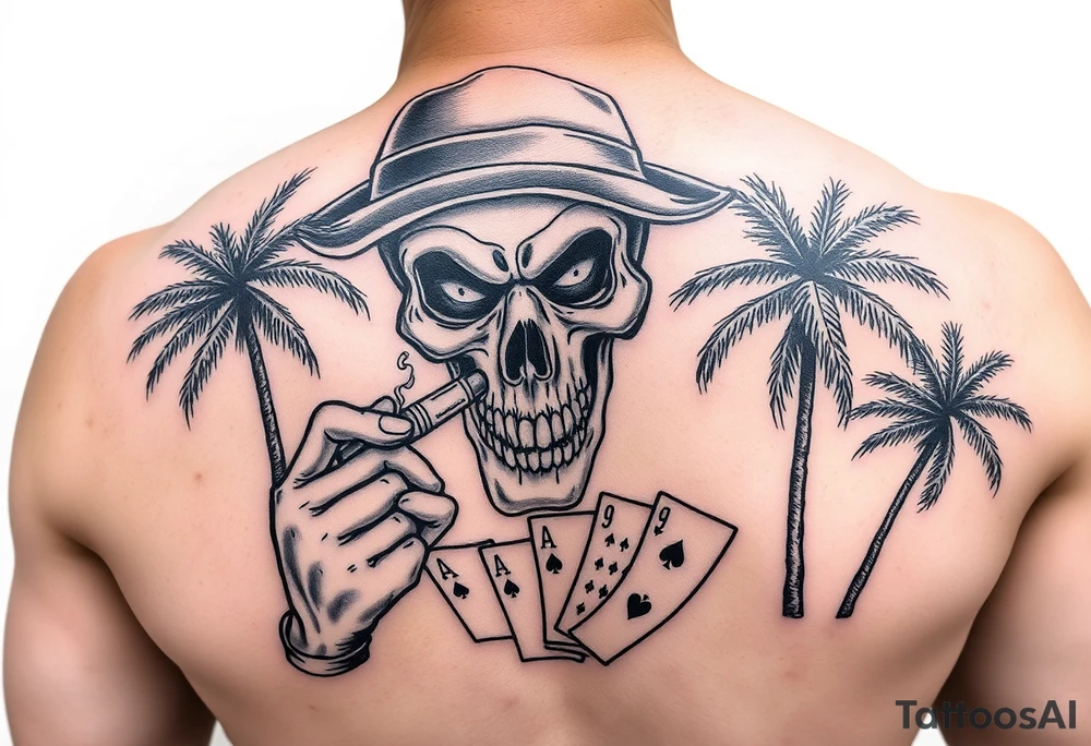 Gangster scene clown skull mid evil smoking cigar playing cards on the streets shaded palm trees tattoo idea
