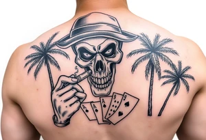 Gangster scene clown skull mid evil smoking cigar playing cards on the streets shaded palm trees tattoo idea