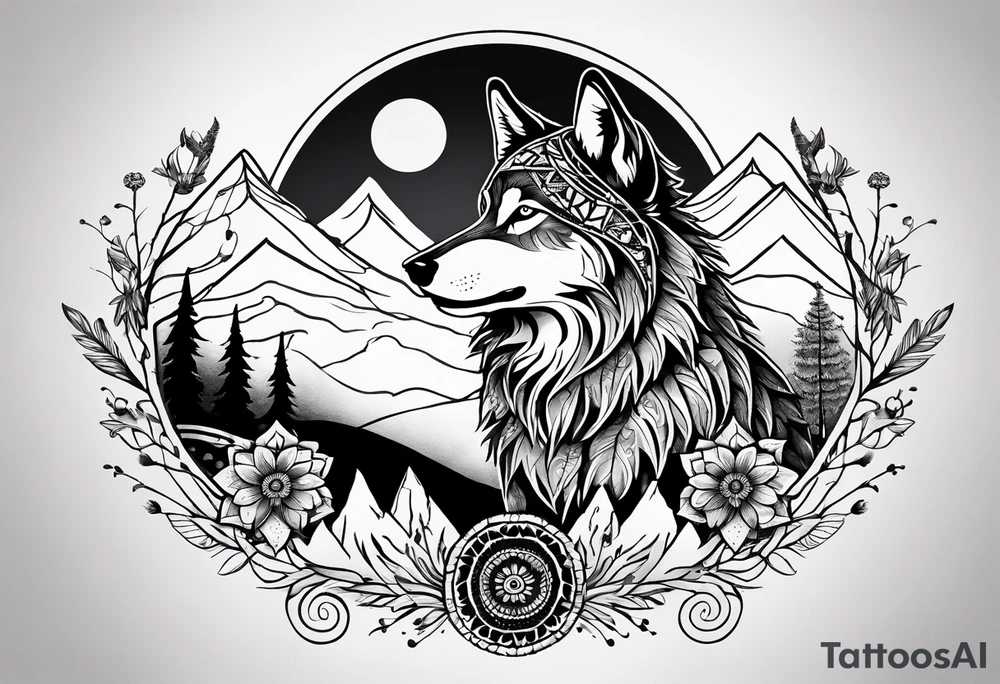 A whimsical wolf tattoo featuring mandala or dream catcher elements, with the wolf as the central focus, surrounded by mountains in the background. Include flowers and nature elements to fill the space around the wolf. Some color but not completely solid bold color tattoo idea