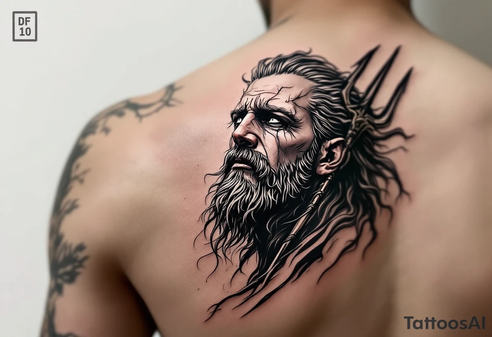 crying poseidon, behind a trident, looking at the sky tattoo idea