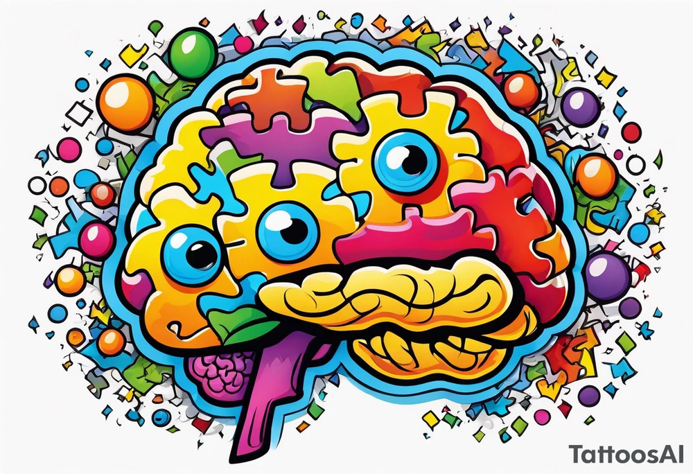 Colorful brain with eyeballs made of puzzle pieces tattoo idea