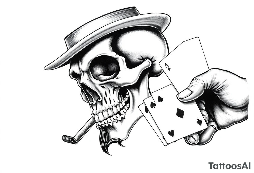 a skull with mustache,top-hat, cigar in his mouth and playing cards in a hand. tattoo idea