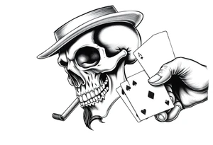 a skull with mustache,top-hat, cigar in his mouth and playing cards in a hand. tattoo idea