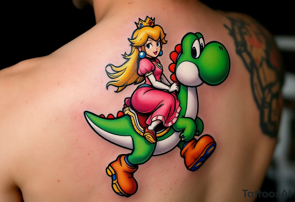 Princess Peach riding Yoshi from Mario Bros with vibrant colors. Make it more like the super Mario bros movie. Her dress should be poofier and covering her legs while he has red saddle with white trim. He should be walking upright. Make him look towards the camera tattoo idea